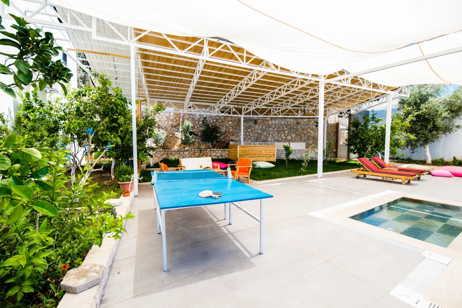 Deneme Villa garden with children’s pool, table tennis and shaded lounge