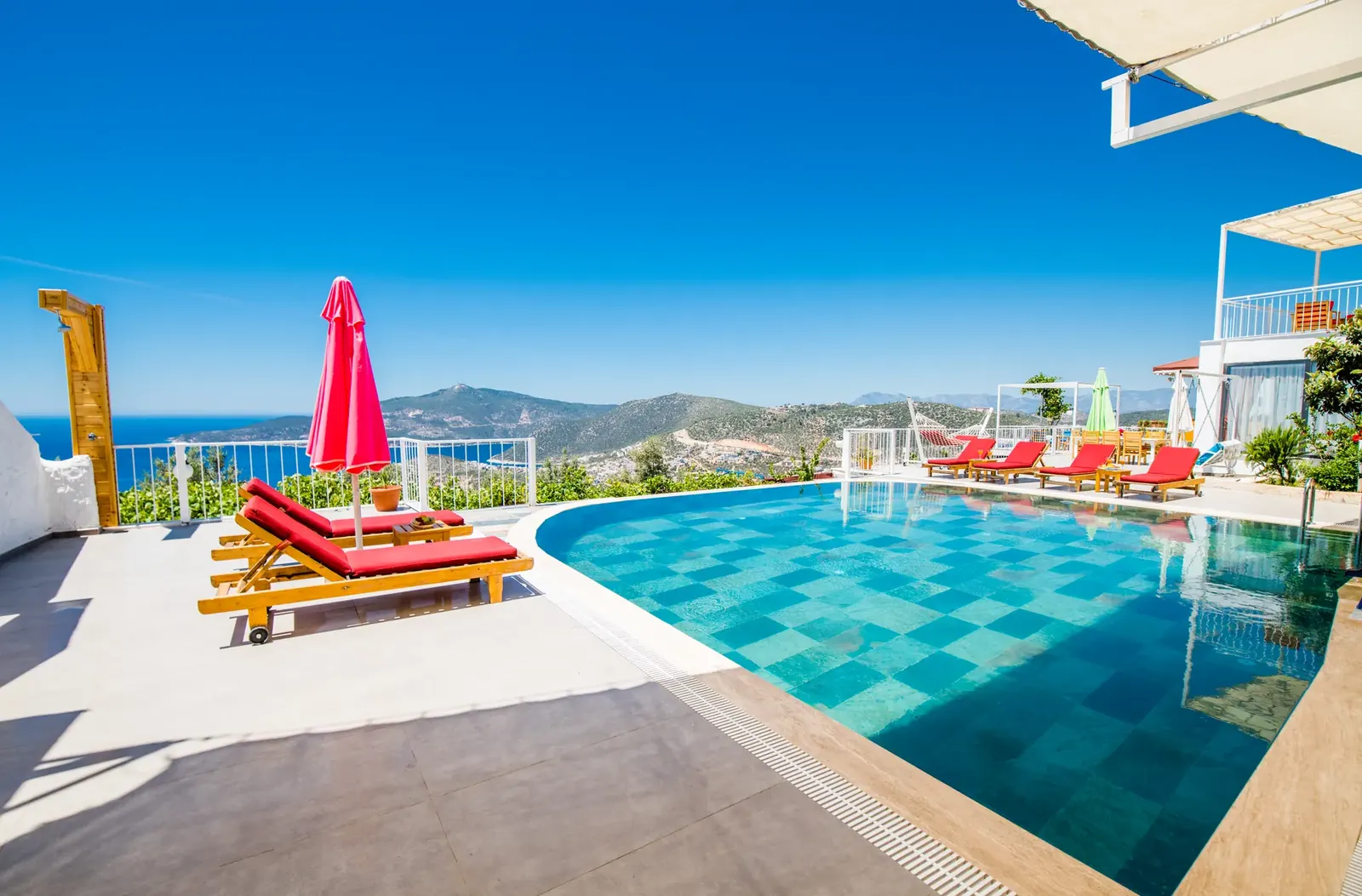 Private pool terrace at Deneme Villa Bezirgan Kaş with coastal bay view
